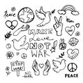 Peace doodle set. Vector hippie. Make love not war