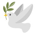 Peace dove with a green branch. White flying dove with an olive branch. Cute flat peace symbol vector illustration. Royalty Free Stock Photo