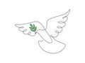 Peace dove with green olive branch in One continuous line drawing. Bird and twig symbol of peace and freedom in simple Royalty Free Stock Photo