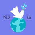 Peace dove with olive branch sitting on Earth planet Royalty Free Stock Photo