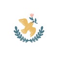 Peace dove vector logo - a vintage handmade icon with bird and wreath in stamp print style. Vintage vector illustration. Royalty Free Stock Photo