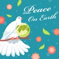 Peace on earth, dove with planet sitting on twig