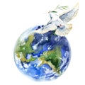 Peace On Earth. Flying white dove and olive branch watercolor illustration. Royalty Free Stock Photo