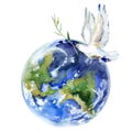 Peace On Earth. Flying white dove and olive branch watercolor illustration. Royalty Free Stock Photo