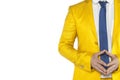 Peace emanates from a businessman, a gold suit, white background