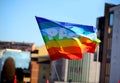 peace flag flying in during the pacifist demonstration in the city suburb