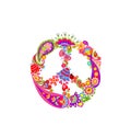 Peace flower symbol with ethnic floral colorful print and paisley Royalty Free Stock Photo