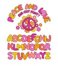 Hand drawn peace and love doodle font with textured overlay. 1960s style.