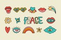 Peace groovy positive element set with heart, rainbow and flower icon collection. Pop hipster vector sticker groovy set