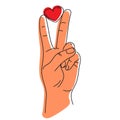 Peace hand gesture sign with heart in fingers. Peace love concept.Vector sketch illustration Royalty Free Stock Photo