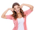 Peace hands, face and happy woman in studio with playful, good mood and sign on white background. V, fingers and female