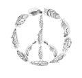 Peace Hippie Symbol with Feather in Boho Style.