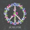 Peace Hippie Symbol with Flower on the white Background. Royalty Free Stock Photo