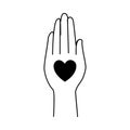 Peace with Human Hand and Heart on Palm as Symbol of Friendship and Harmony Outline Vector Illustration