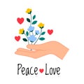 Peace with Human Hand Holding Blooming Flowers as Symbol of Friendship and Harmony Vector Illustration