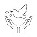 Peace with Human Hands and Pigeon as Symbol of Friendship and Harmony Outline Vector Illustration