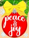 Peace and joy bright colorful poster with tree branch, decorations, ribbon and snowflakes.