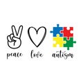 Peace, love, autism colorful jigsaw puzzle on the white background. Isolated illustration