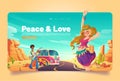 Peace and love banner with hippie in desert