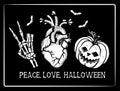 Peace. Love. Halloween. Vector Illustration with Skeleton s hand, Heart, Pumpkin.