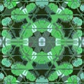 Peace and Love Mandala in green flower with triangles stained glass elements