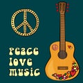 PEACE LOVE MUSIC text design with peace symbol and guitar