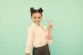 Peace maker. School age kid show V sign. Happy kid blue background. Basic education. Back to school Royalty Free Stock Photo