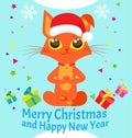 Peace Of Mind. Happy New Year Card With Meditating Cat Vector. Christmas Yoga Cat Vector.