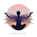 Peace of mind person in meditation pose with wings