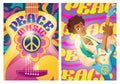 Peace music posters with hippie sign and guitar