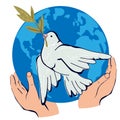 Peace No war sign with dove symbol and planet in human hands, vector isolated Royalty Free Stock Photo