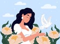 Peace. No war. Vector illustration of doves of peace, poster and banner design. Dove of peace and woman. World Peace Day