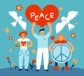 Peace people poster. Happy characters with peaceful symbols in hands. Stop war banner. Big heart and hippie sign. Flying Royalty Free Stock Photo