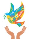 Peace Pigeon with flowers, symbol of peace illustration. Hands releasing Peace Dove Royalty Free Stock Photo