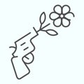 Peace pistol thin line icon. Pistol with peace symbol vector illustration isolated on white. Gun shooting flower outline