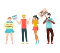 Peace rally, people staging protest on street, poster saying say no to virus, cartoon style vector illustration