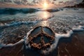 Peace sign drawn in sand on a beach with waves gently approaching Royalty Free Stock Photo