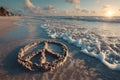 Peace sign drawn in sand on a beach with waves gently approaching Royalty Free Stock Photo