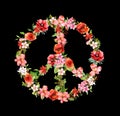 Peace sign with flowers. Beautiful floral watercolor illustration with antiwar, not war symbol Royalty Free Stock Photo