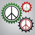 Peace sign illustration. Vector. Three connected gears with icon