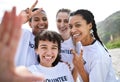 Peace sign, selfie and volunteer women at beach taking photo for earth day, environmental sustainability or recycling. V