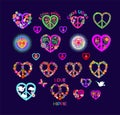 Peace sign set or collection in heart shape. Hippie symbols for poster, shirt or bag print. Part 7 of hearts huge set Royalty Free Stock Photo