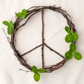 Peace sign, symbol of natural material - flowers, leaves, wooden sticks on tissue white background