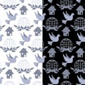 Peace social media icons, monochrome seamless pattern. Dove, house, planet, leaves elements in blue grey color palette Royalty Free Stock Photo