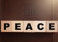 Peace Spelled in Blocks on a Leather Holy Bible