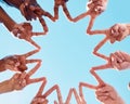 Peace star sign, people and hands of people together with diversity showing support and community. Below view of friends Royalty Free Stock Photo
