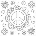Peace symbol. Coloring page. Vector illustration of flowers. Royalty Free Stock Photo