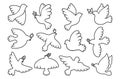 Peace symbol dove contour outline set flying bird pigeon olive branch humanity emblem no war logo