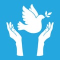 Peace symbol dove in hand silhouette set Flying bird pigeon icon with olive branch sign no war logo Royalty Free Stock Photo