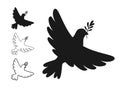 Peace symbol dove silhouette stamp doodle set bird flying pigeon olive branch sign no war icon Royalty Free Stock Photo